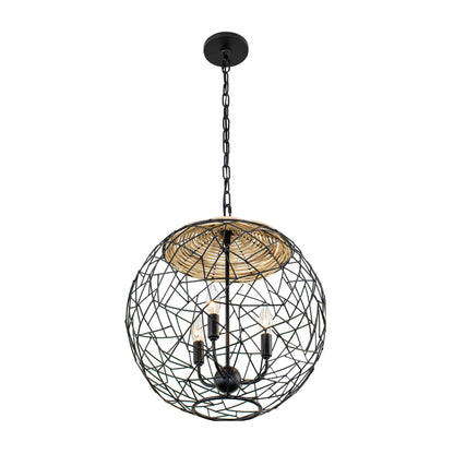 3 light 18 inch black and rattan pendant