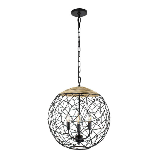 3 light 18 inch black and rattan pendant