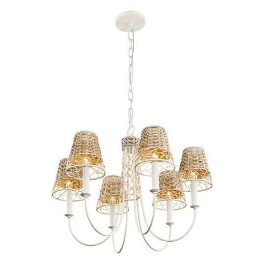 6 light 26 inch white and rattan chandelier