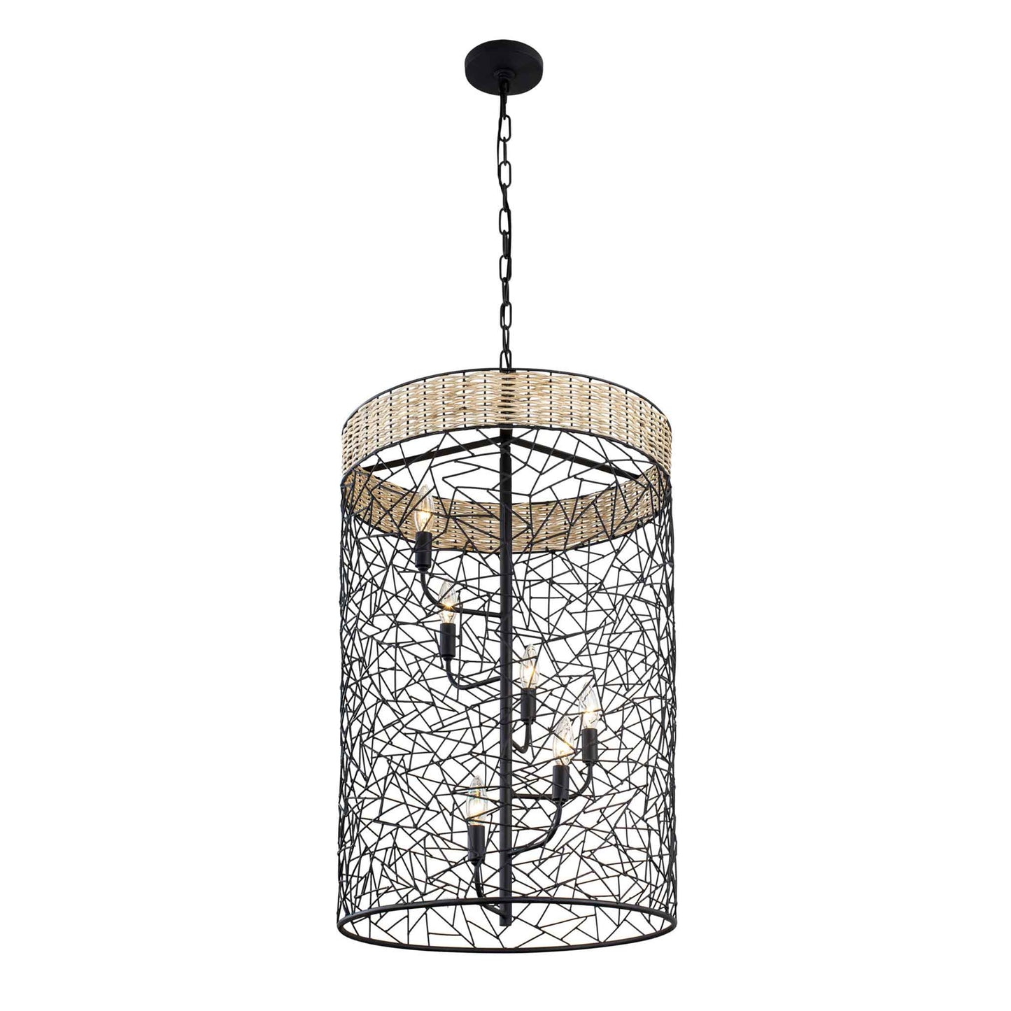 6 light 20 inch black and rattan pendant