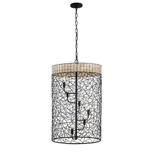 6 light 20 inch black and rattan pendant