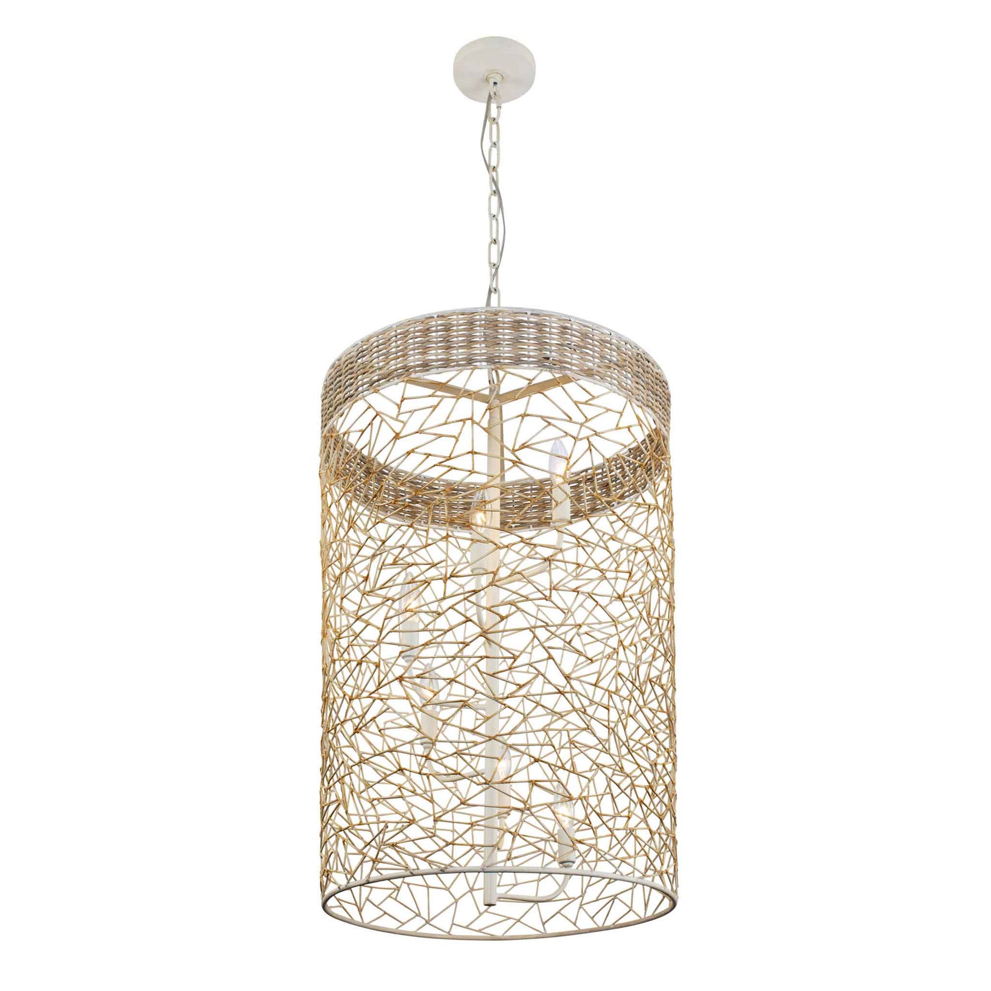 6 light 20 inch white and rattan pendant