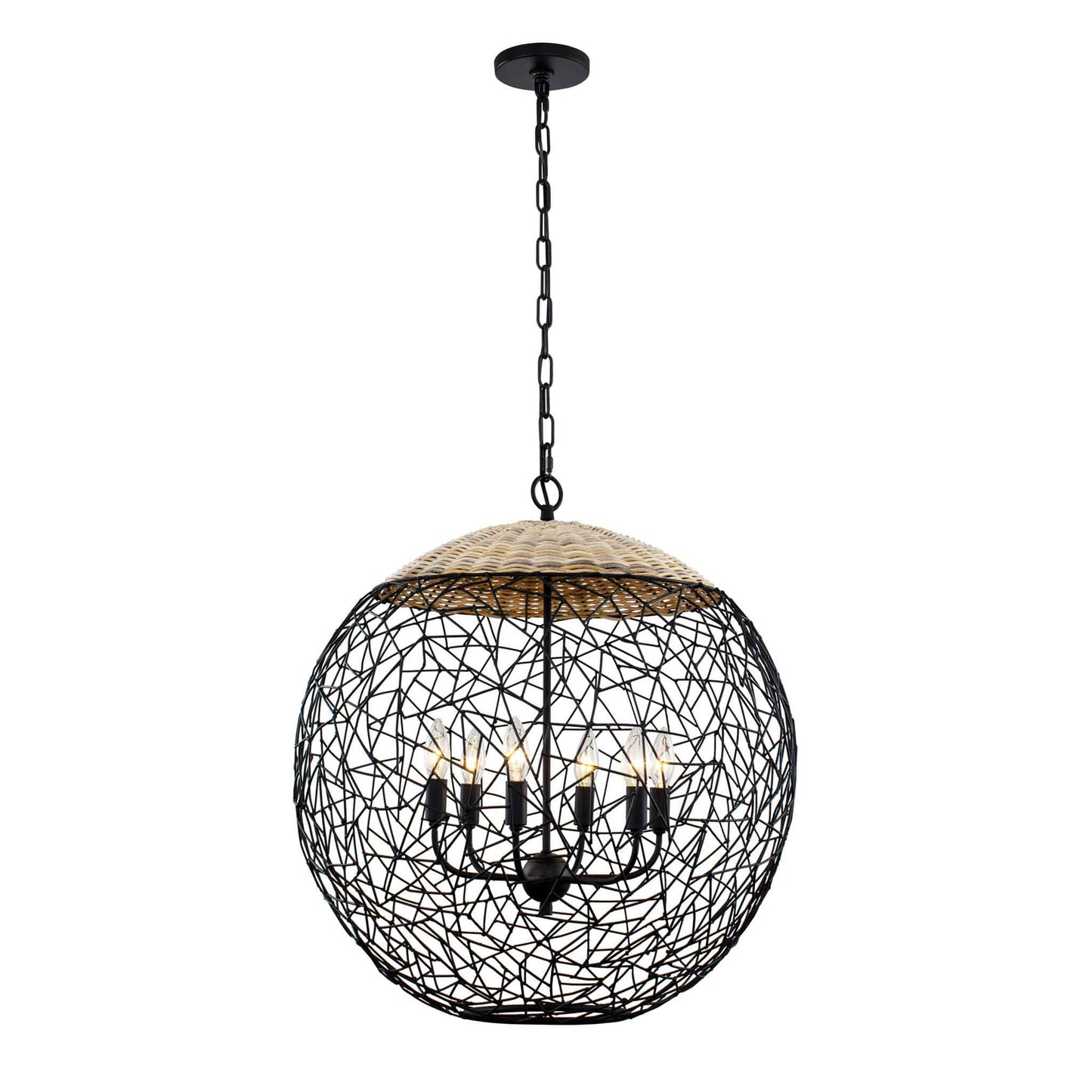 6 light 24 inch black and rattan pendant