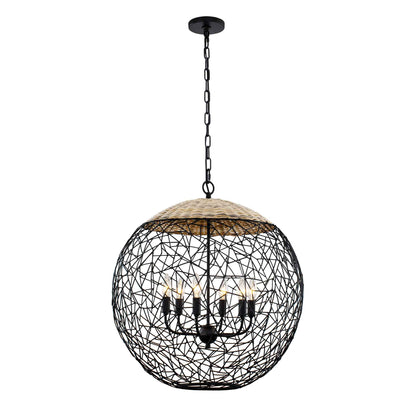 6 light 24 inch black and rattan pendant