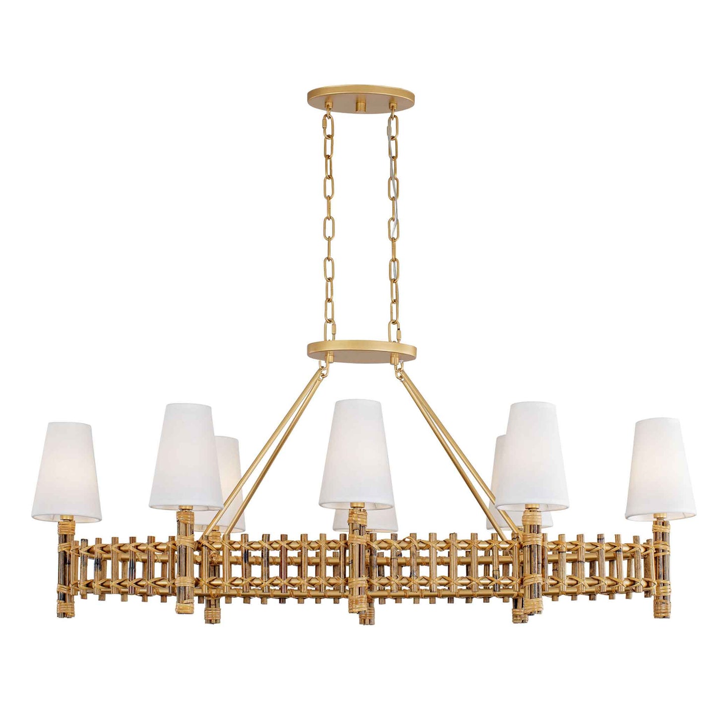 8 light 48 inch gold and rattan pendant