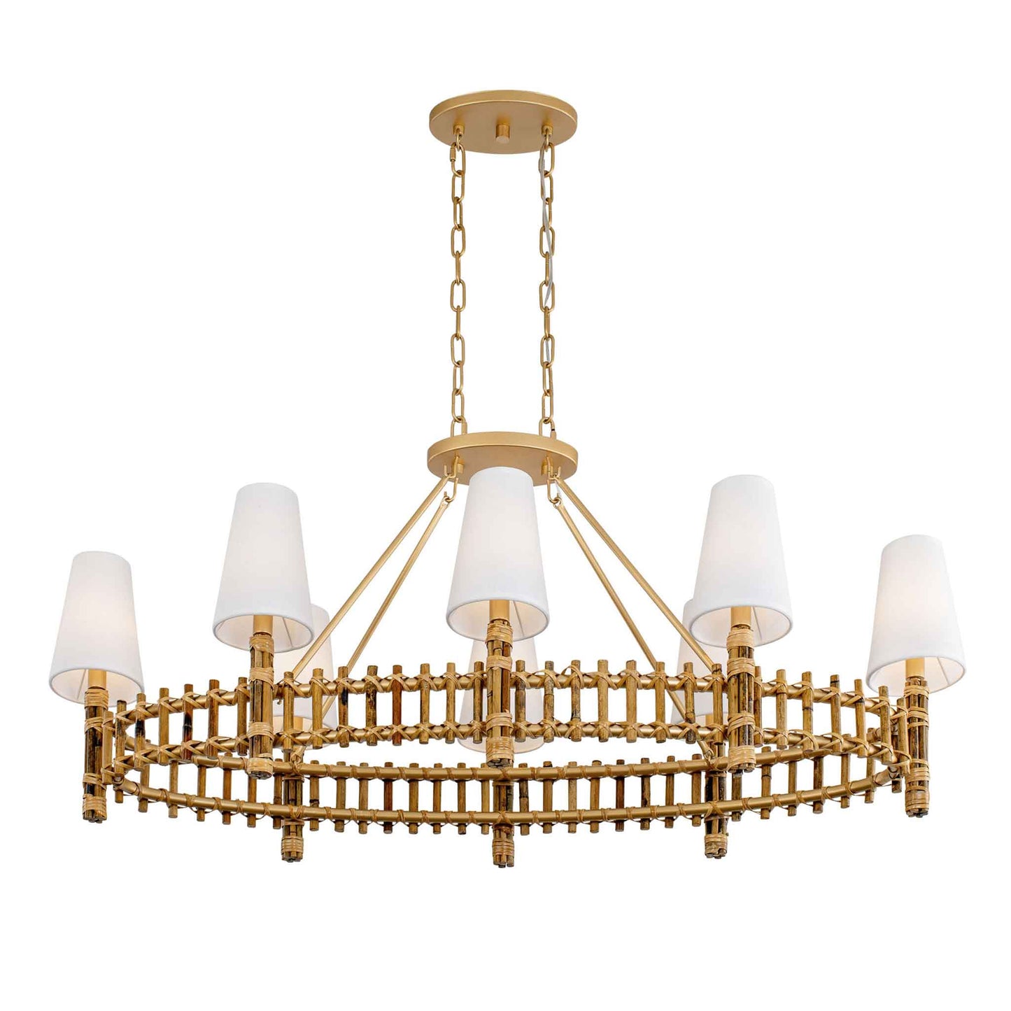 8 light 48 inch gold and rattan pendant